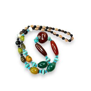 Long Stone Bead Necklace Mixed Gemstones and Glass 30" Boho Beaded Statement